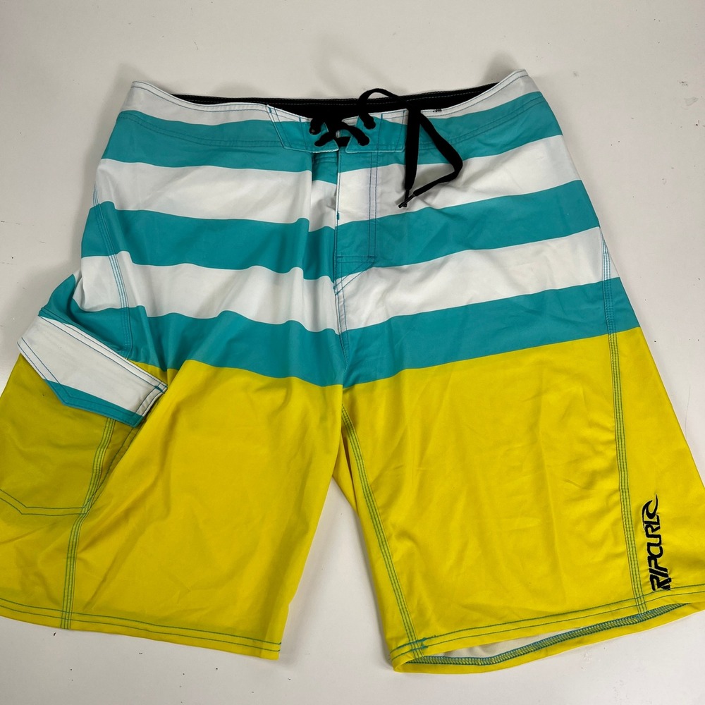 Rip Curl Mens Board Shorts Yellow Teal Striped Swim‎ Trunks Size 36 CBORRJ